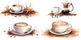 watercolor style illustration of glass of hot coffee with whipped cream, collection set, Generative Ai