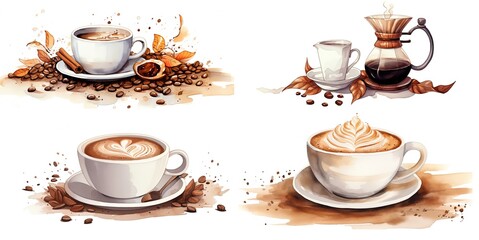 Wall Mural - watercolor style illustration of glass of hot coffee with whipped cream, collection set, Generative Ai