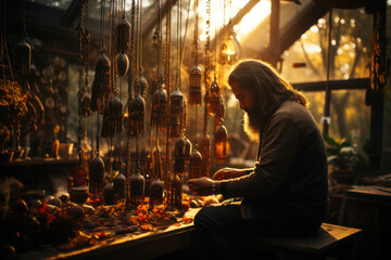 Poster - A person sculpting wind chimes, blending metal and melody in a harmonious display. Concept of crafted sound. Generative Ai.