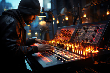 Poster - A digital artist creating intricate electronic beats, exploring the frontiers of sound. Concept of electronic music. Generative Ai.
