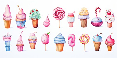 Wall Mural - watercolor style cartoon illustration of lollipop candy in bright tone rainbow color, isolated on white background, collection set, Generative Ai