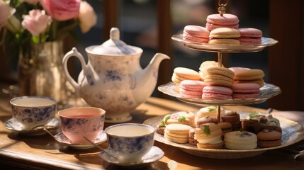 Poster - British Afternoon High Tea with a three-tiered platter of scones, cakes and sandwiches.