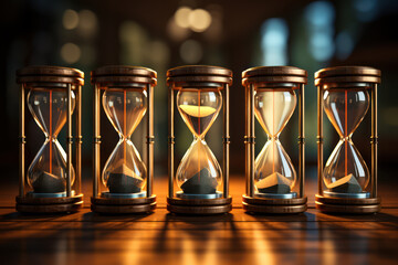Poster - A series of hourglasses of varying sizes, representing the relativity of time across different contexts. Concept of time scales. Generative Ai.