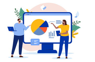 Leinwandbilder - People doing business and market analytic work with chart, data and cake diagram on computer screen. Flat design vector illustration with white background