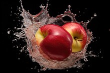 Two Red And Yellow Apples Creating A Splash In Clear Water Against A Black Background.