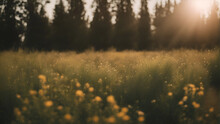 Sunset Over The Meadow With Yellow Wildflowers And Forest In The Background