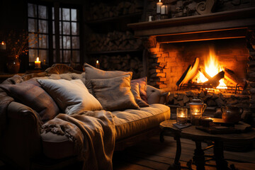 Wall Mural - A cozy fireside scene with a crackling fireplace, inviting warmth and comfort on a chilly evening. Concept of fireside relaxation. Generative Ai.