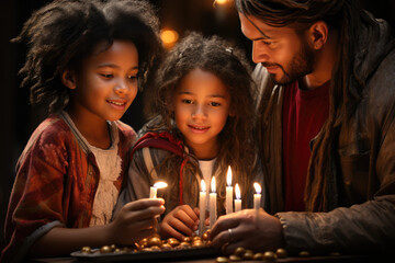 A family lighting a candlelit advent wreath as part of their St. Lucia's Day traditions, marking the start of the Christmas season. Generative Ai.