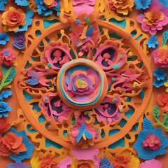 Wall Mural - 3d render of colorful paper cut flowers pattern background. Paper art carving style.