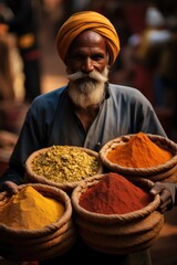 Farmers holding traditional woven baskets filled with colorful spices like turmeric.