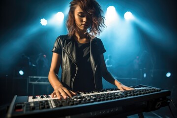 Poster - Female rock musician standing and playing keyboard on stage.