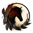 silhouette beautifull artistic colour combination highly detailled drawing of a wild mustang surrounded by feather circle 