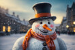 Jolly snowman with a carrot nose and top hat. Generative AI