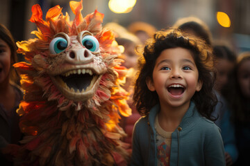 Poster - A group of children excitedly awaiting their turn to break the piñata during a Las Posadas celebration. Generative Ai.