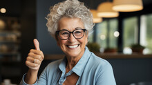 Cheerful Woman With Short Gray Hair Smiling And Wearing Eyeglasses.