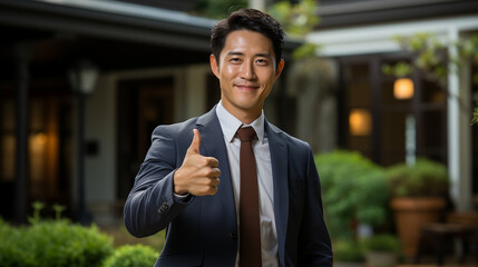 Wall Mural - Smiling Asian businessman with thumbs up