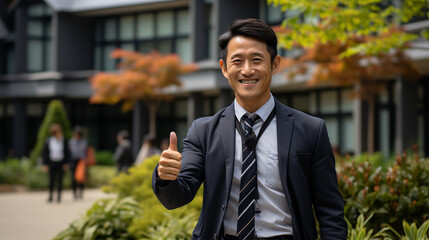 Wall Mural - Smiling Asian businessman with thumbs up