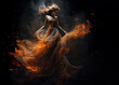 ballerina, a young woman in a long gown is dancing on a dark background, in the style of cosmic imagery, flowing textures, mixes realistic and fantastical elements.