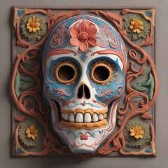 Wall Mural - Mexican sugar skull with floral ornament on wall. 3D rendering