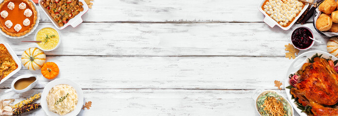 Aufkleber - Traditional Thanksgiving turkey dinner. Above view double border on a rustic white wood banner background. Turkey, mashed potatoes, stuffing, pumpkin pie and sides.