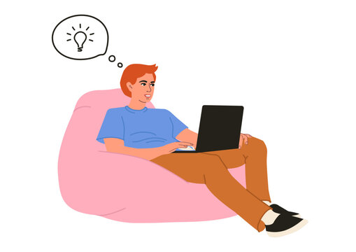 A student studies at a computer on a pouf. A young guy works in a coworking space on a laptop. College student. Isolated vector illustration on a white background.