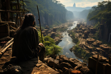 Poster - An anthropologist examining the impact of urbanization on traditional indigenous communities. Concept of urban anthropology and cultural change. Generative Ai.