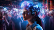 Portrait of a holographic performer, their face appearing as a digital avatar as they interact with a virtual reality crowd using advanced motion capture technology. The audience feels like