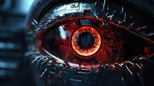 Closeup Of A Cybernetic Eye Scanning And Analyzing A Networks Vulnerabilities Before Launching A Devastating Attack. The Eyes Glowing Red Iris Reflects The Destruction And Chaos It Is About