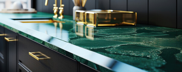 texture of quartz with sparkles, highlighting a deep emerald green hue with subtle gold flecks tered