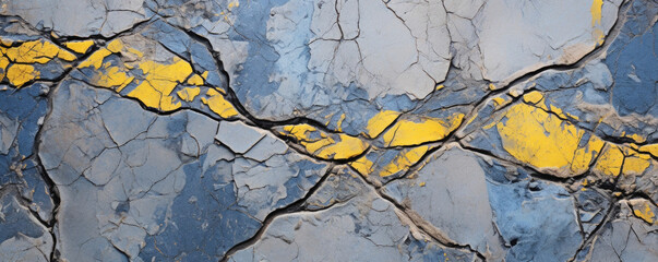 Closeup of Volcanic Rhyolite with a crackled, cracked surface and splashes of vibrant yellow and blue tones.