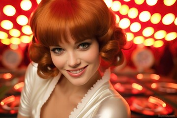 Aufkleber - A picture featuring a woman with red hair wearing a white top. Suitable for various uses.