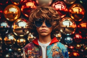 Poster - A young boy wearing sunglasses and a vibrant, colorful jacket. This image can be used to depict a cool and fashionable young boy enjoying outdoor activities or as a representation of youthful style.