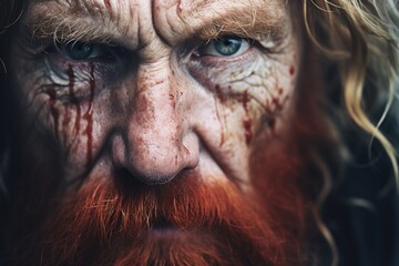 Poster - A close-up shot of a man with long hair and a beard. This image can be used to depict masculinity, ruggedness, and individuality. It is suitable for various projects and designs.