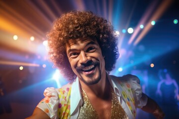 Aufkleber - A picture of a man with curly hair who is smiling and dancing. This image can be used to depict joy, happiness, and celebration in various contexts.