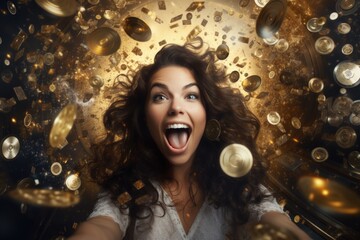 Poster - A woman with her mouth open, surrounded by a pile of gold coins. This image can be used to represent wealth, success, or financial abundance.