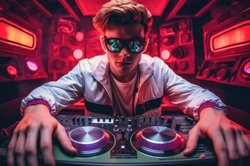 Poster - A man wearing sunglasses is seen mixing music on a turntable. This image can be used to depict a DJ or music producer in action.