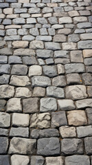 Texture of a rustic cobblestone street, with mismatched, irregularly shaped stones and a rustic, aged appearance.