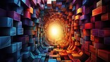Fototapeta Fototapety przestrzenne i panoramiczne - 3d render of abstract geometric background with glowing cubes in space tunnel, AI Generated