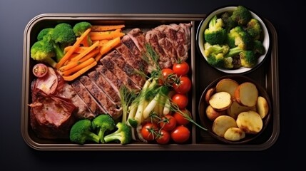 Wall Mural - Assorted dinner spread pan fried meat and veggies salad and snacks, top view