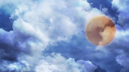 Wall Mural - full harvest orange moon cloud crawl 4k loop features an orange full moon in the sky with clouds pas