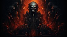 Halloween-themed Movie Poster Art With Skulls And Demons, Red Colors