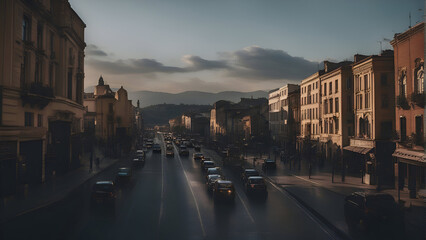 Wall Mural - Traffic on a city street in the evening. 3d rendering