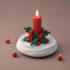 Wall Mural - Christmas candle with holly and mistletoe. 3d render