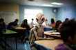 Cute alien sitting at a table in highschool, feeling different concept