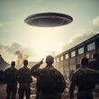 Soldiers in military base pointing at big UFO in the sky