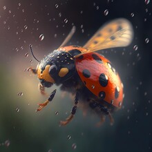 Realistic Photo Of A Prototype Of A Ladybug In Flight With Wings Spread Wide In The Rain Direct Front View Bokeh Insanely Detailed Delicate 28k Resolution High Quality Sharp Focus Intricate Insanely 
