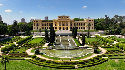 Famous Brazil Independence Museum at downtown Sao Paulo Brazil restorative in 2022. Medieval Building at downtown city. Scenic garden and landmark building of city. Sao Paulo Brazil.