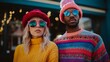 Couple in sunglasses and vivid winter clothing