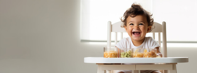 Small happy Boy smile. Child is sitting in kitchen, having meal. Concept of healthy kids food. Ai generative illustration