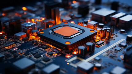 Poster - Closeup hardware background of motherboard. Circuit cpu microchip digital. Concept of technology. Ai generative illustration